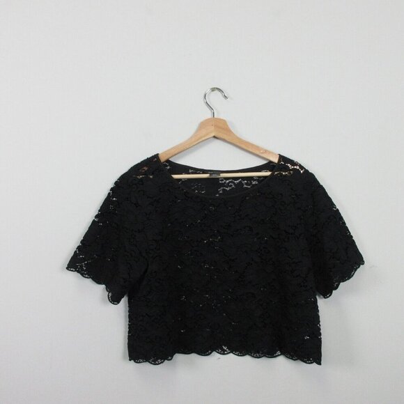 Club Monaco Lace Cropped Top Women's M Black Button Back 3/4 Sleeve Blouse 174 - Picture 1 of 8